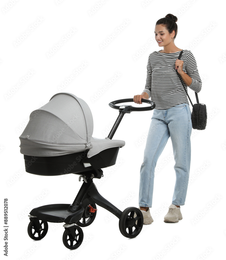 Happy young woman with baby stroller on white background Happy young woman with baby stroller on white background