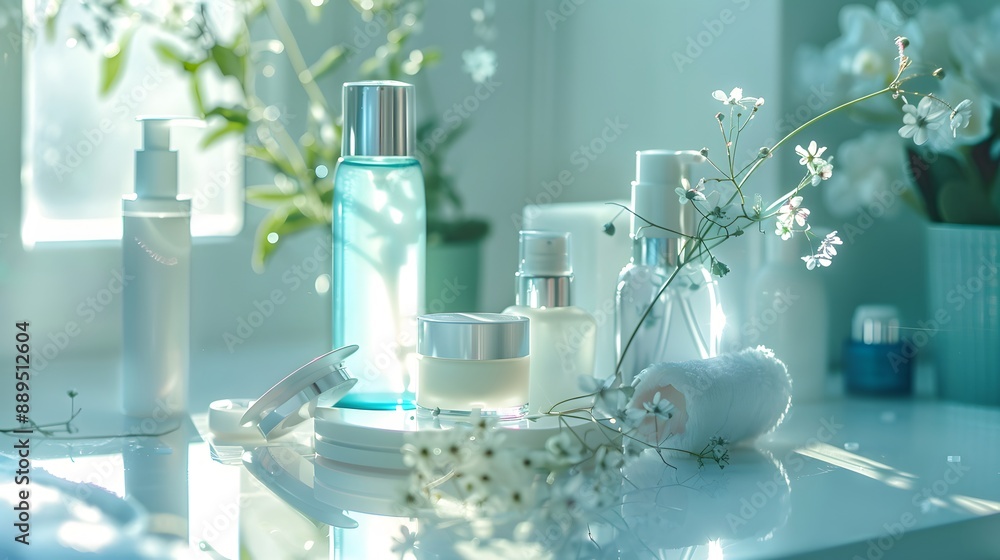 A camera capturing the details of beauty products displayed on a bright, clean surface A camera capturing the details of beauty products displayed on a bright, clean surface