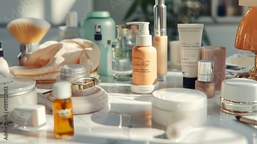 A camera capturing the details of beauty products displayed on a bright, clean surface