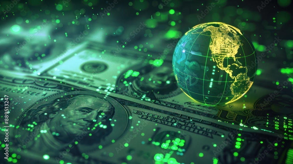 Obraz premium Global economy recession with dollar money on digital inflation rates graph finance and investment.