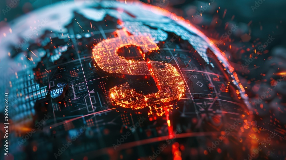 Obraz premium Glowing dollar sign on a cracked financial world globe, representing economic crisis and unstable markets with futuristic elements.