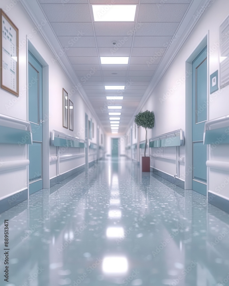 Obraz premium Hospital hallway, reception clinic in background, soft focus, bright and clean, wideangle view, calm and sterile medical setting