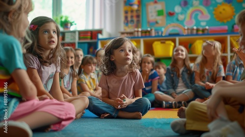 Group of small nursery school children sitting and listening to teacher on floor indoors in classroom, their eyes following her every move as she demonstrates a simple science experiment.