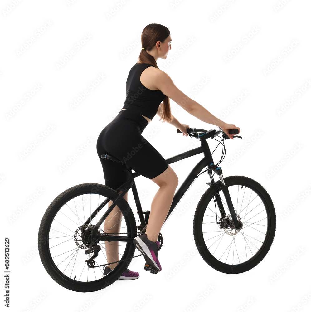 Woman on sports bicycle against white background Woman on sports bicycle against white background
