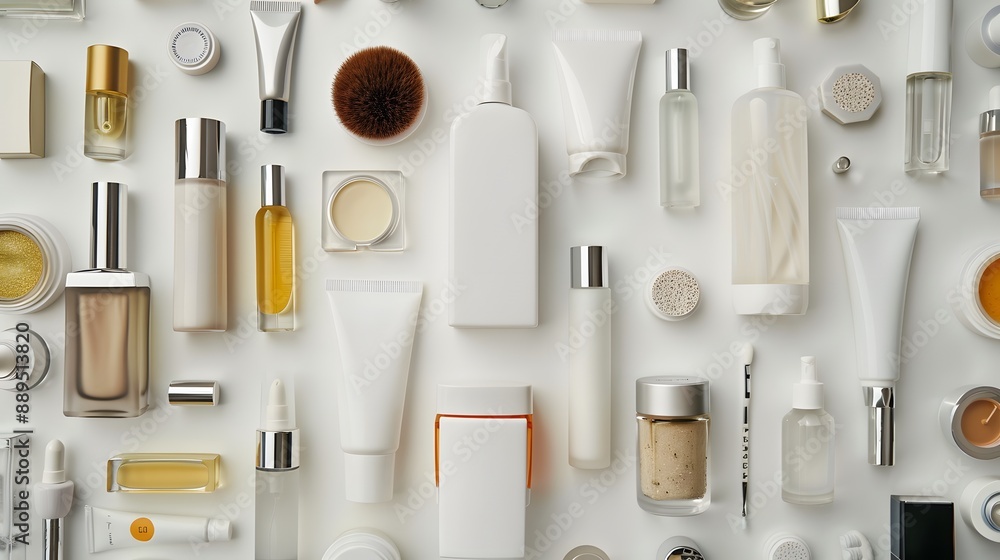 A camera focused on beauty products arranged symmetrically on a bright, white table A camera focused on beauty products arranged symmetrically on a bright, white table