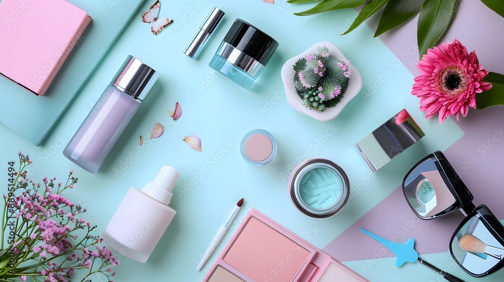 A camera capturing the details of beauty products arranged on a bright, clean surface A camera capturing the details of beauty products arranged on a bright, clean surface