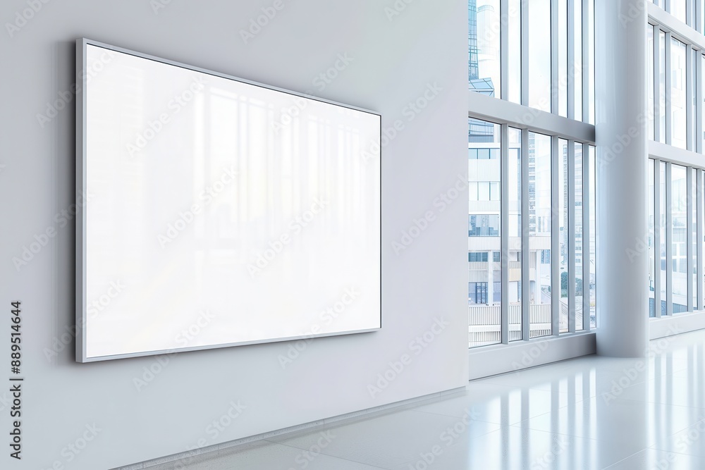 Urban Art Display, Large blank canvas in spacious building with city view, Contemporary exhibition space Urban Art Display, Large blank canvas in spacious building with city view, Contemporary exhibition space