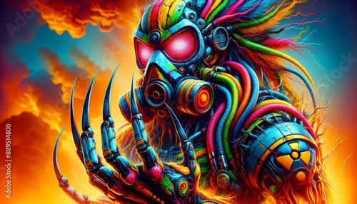 Epic Fantasy Illustration of a Nuclear Disaster with Gas Masks, Claws, and Nuclear Symbols in Vibrant, Psychedelic Colors photo