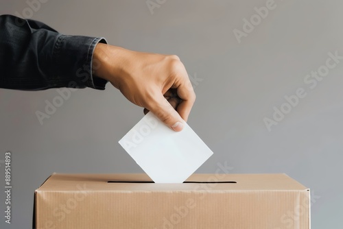 Voter hand inserting ballot into box, participation in democracy
