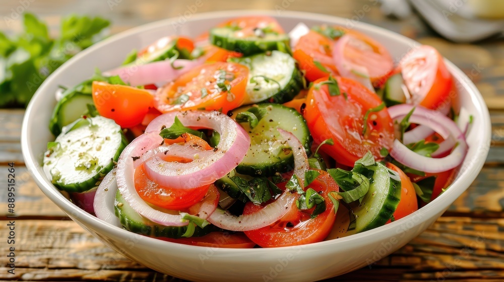 A bowl of salad with tomatoes, cucumbers, and onions. The bowl is on a wooden table A bowl of salad with tomatoes, cucumbers, and onions. The bowl is on a wooden table