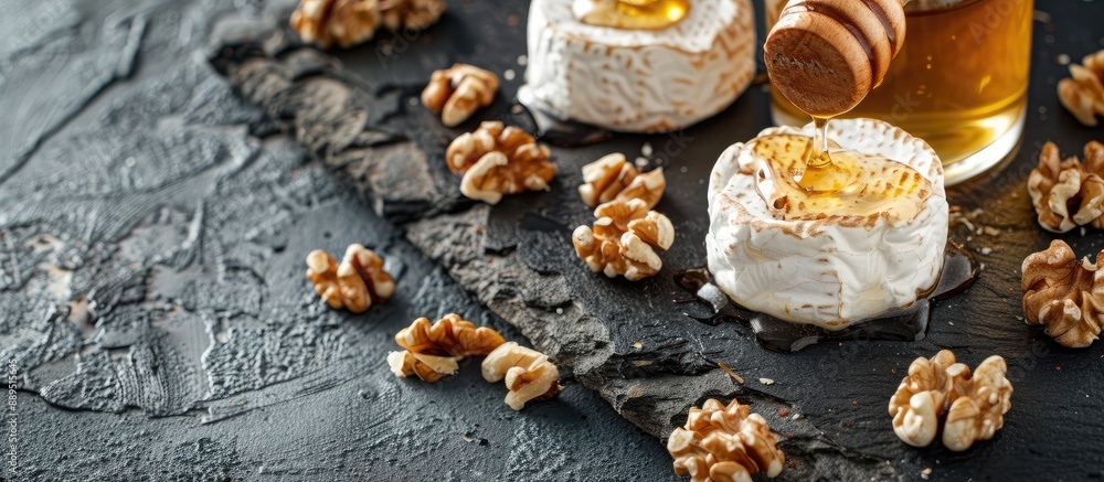 Fototapeta premium Honey-drizzled goat cheese and walnuts displayed on a textured dark surface offering ample copy space image.