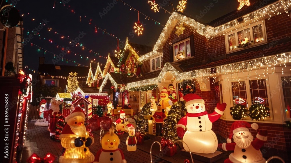 Fototapeta premium Outdoor Christmas light display, with houses decorated in twinkling lights and festive figures