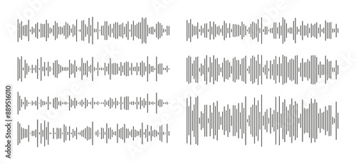 Waveform patterns. Audio chat speech. Equalizer interface signs. Voice message templates. Music sound wave symbol. Element for mobile messenger, podcast online radio interface, music player, app. 