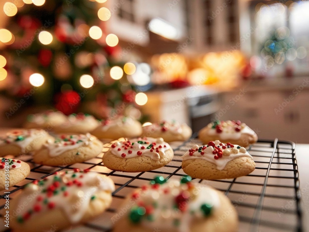 Freshly baked Christmas cookies cooling on a rack, with a cozy holiday kitchen in the background Freshly baked Christmas cookies cooling on a rack, with a cozy holiday kitchen in the background