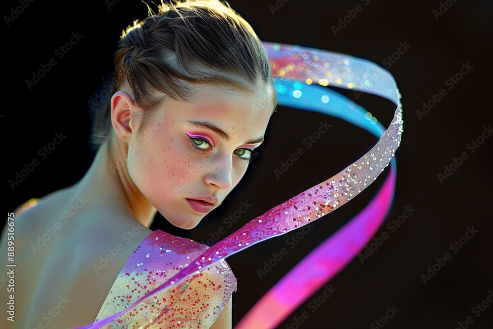A female rhythmic gymnast performing a ribbon routine. Woman in sparkly ...