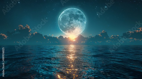 Two moons in the sky, milky way, reflection on water surface, fantasy landscape, minimalist design, space for text, wide angle lens, hyper realistic © LU
