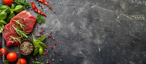 Panel kuchenny z motywem Top-down view of raw beef steak surrounded by herbs, spices, on stone table with a blank area perfect for text or graphics - copy space image.
