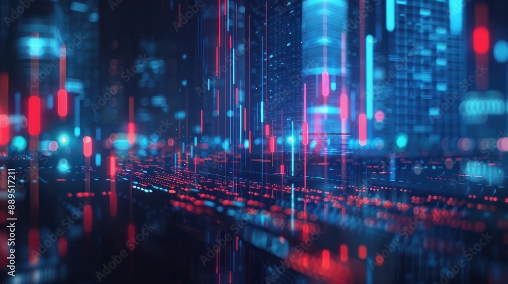 View of stock market expansion, business investment, and data analysis concept featuring digital financial charts, graphs, and indicators against a dark blue blurred background View of stock market expansion, business investment, and data analysis concept featuring digital financial charts, graphs, and indicators against a dark blue blurred background