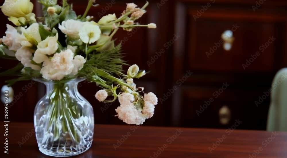 Slow camera pan around a bouquet of flowers in soft colors in a transparent vase Slow camera pan around a bouquet of flowers in soft colors in a transparent vase