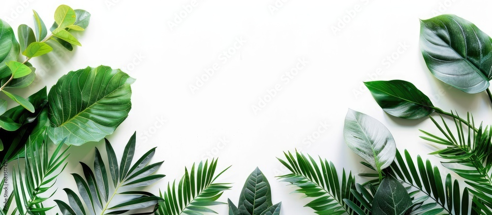 Naklejka premium Minimal exotic concept featuring leaves on a white background with copy space image for a stylish border arrangement.