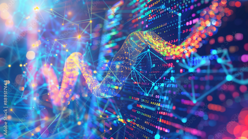 a colorful depiction of artificial intelligence analyzing big data with holographic data streams and neural network patterns, showcasing the synergy between AI and data science, AI a colorful depiction of artificial intelligence analyzing big data with holographic data streams and neural network patterns, showcasing the synergy between AI and data science, AI