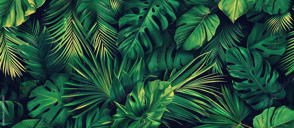 Tropical plants create an abstract forest pattern with leaves in a seamless design, set against a green background, perfect for use on various media like menus, booklets, banners, and websites as a Tropical plants create an abstract forest pattern with leaves in a seamless design, set against a green background, perfect for use on various media like menus, booklets, banners, and websites as a