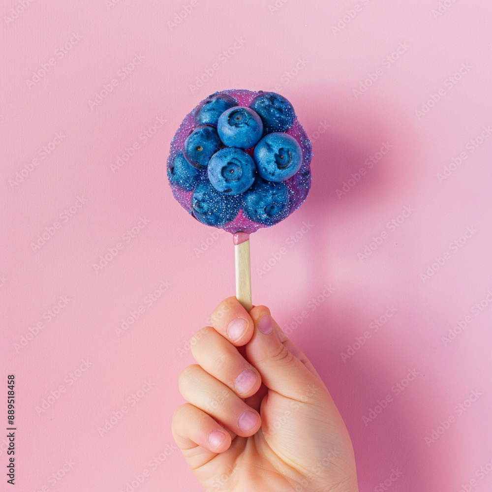 blueberries in the form of a sweet lollipop on a pink background, children's hands holding a stick blueberries in the form of a sweet lollipop on a pink background, children's hands holding a stick