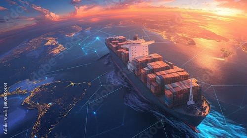 Aerial view of a large cargo ship sailing at sunset with network connections symbolizing global trade and logistics. photo