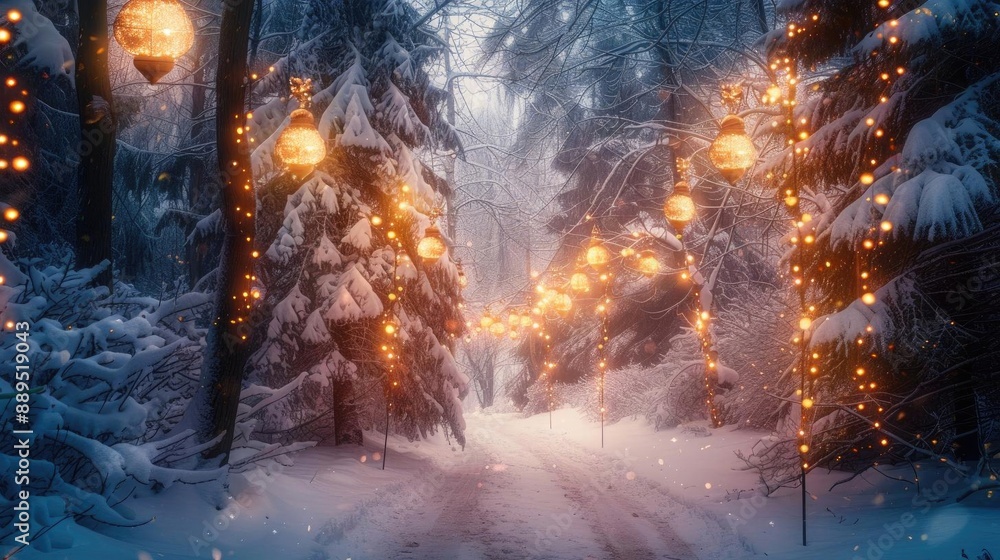 Snow-covered forest path lit by lanterns, festive decorations hanging from trees, peaceful and serene winter wonderland, twilight Snow-covered forest path lit by lanterns, festive decorations hanging from trees, peaceful and serene winter wonderland, twilight