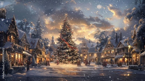 Snow-covered village square, large Christmas tree in the center, townsfolk caroling, warmly lit windows, evening sky with soft snowflakes