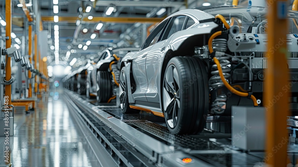 Workers assembling electric vehicles in a factory powered by renewable energy sources. Workers assembling electric vehicles in a factory powered by renewable energy sources.