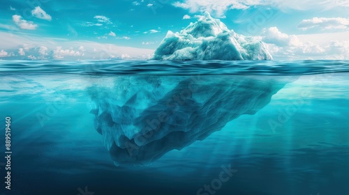 A large ice block is floating in the ocean. The water is blue and the sky is clear