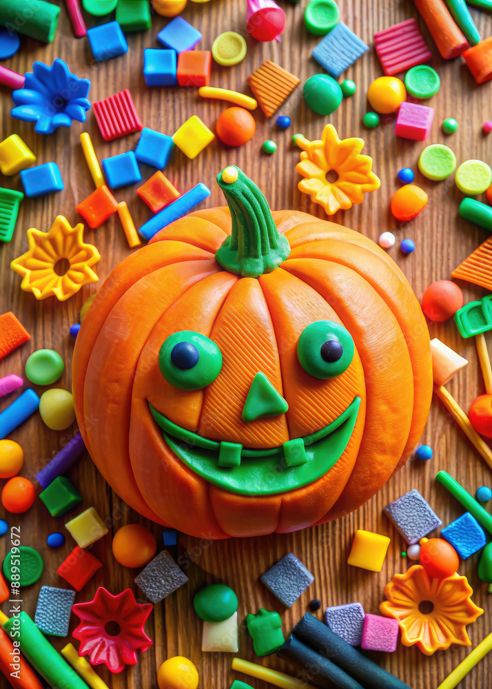 plasticine pumpkin on the table, children's crafts, handmade, modeling, dough, clay, Halloween, jack-o'-lantern, scary face, autumn, fall, traditional symbol, child, art, orange, card, celebration plasticine pumpkin on the table, children's crafts, handmade, modeling, dough, clay, Halloween, jack-o'-lantern, scary face, autumn, fall, traditional symbol, child, art, orange, card, celebration