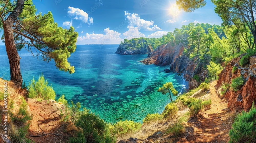 A cheerful photograph of a coastal cliff with vibrant green vegetation, overlooking the sparkling blue ocean. A cheerful photograph of a coastal cliff with vibrant green vegetation, overlooking the sparkling blue ocean.