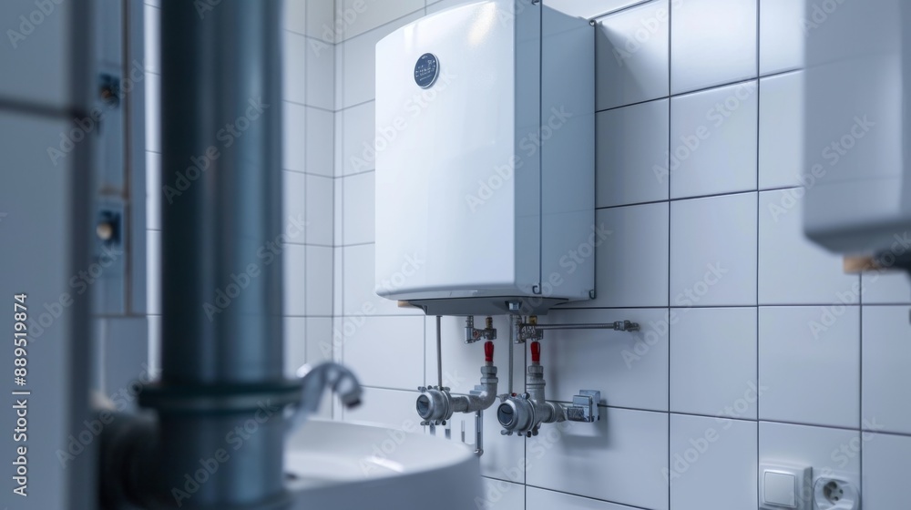Water heater installed in a sleek and modern bathroom Water heater installed in a sleek and modern bathroom