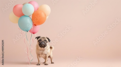 Cute pug dog with colorful balloons on a pink background. photo