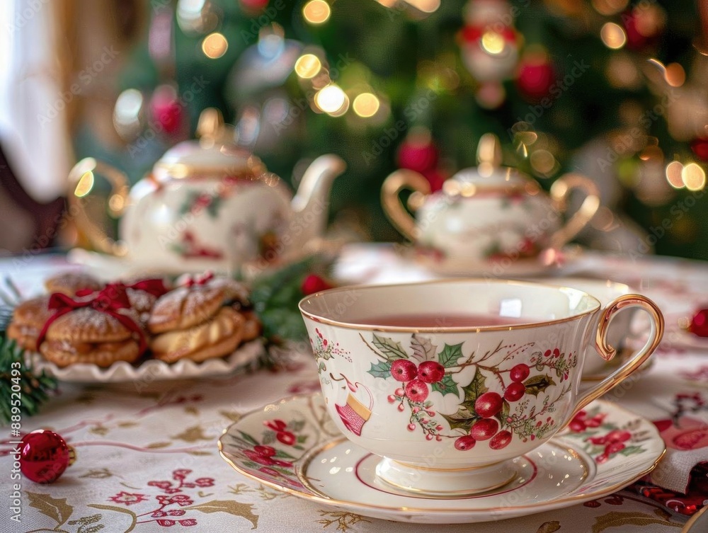 Fototapeta premium Christmas-themed tea party, delicate porcelain teacups, festive tablecloth, holiday pastries, cozy room with a decorated tree, warm atmosphere