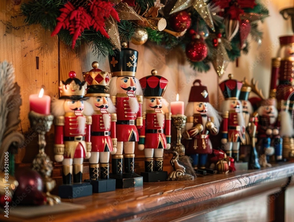 Traditional nutcracker figures arranged on a mantle, surrounded by festive holiday decorations Traditional nutcracker figures arranged on a mantle, surrounded by festive holiday decorations