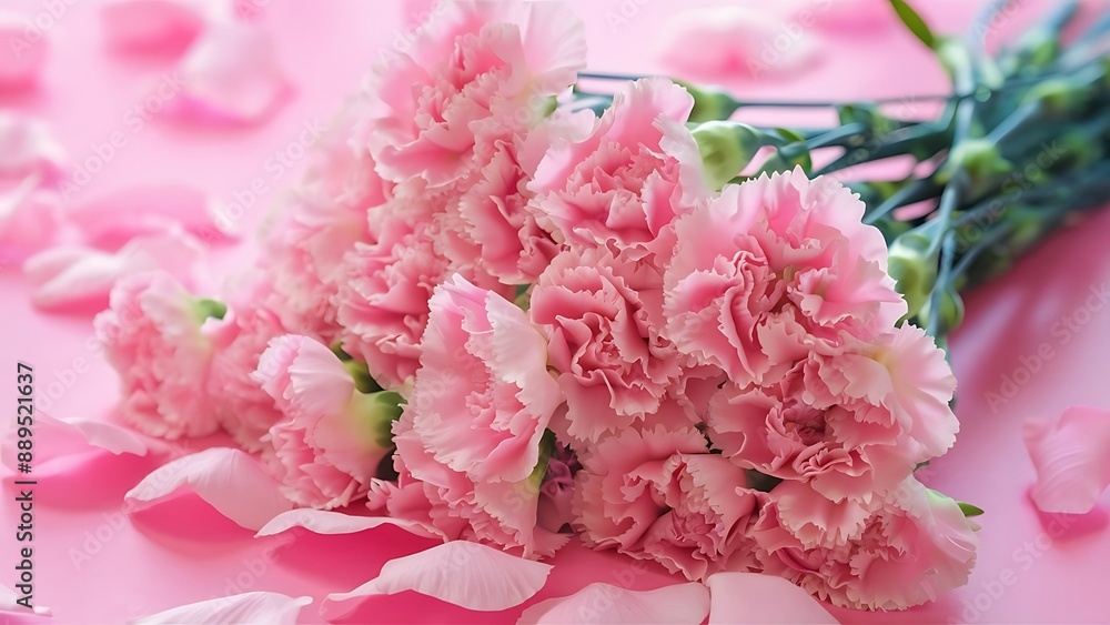 Bouquet of pink carnations lie sideways on a pink background view from above Bouquet of pink carnations lie sideways on a pink background view from above