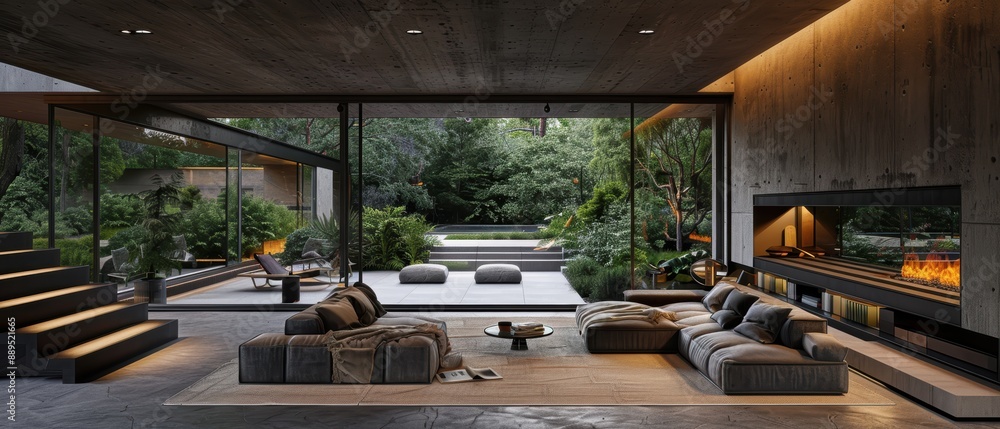 Fototapeta premium Contemporary Villa Living Room with Concrete Walls and Forest View in