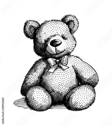 teddy bear doll engraving black and white outline