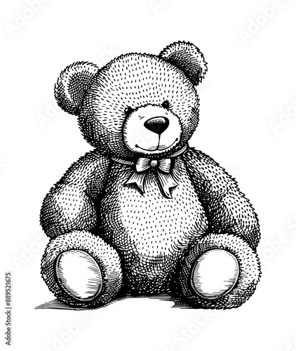 teddy bear doll engraving black and white outline