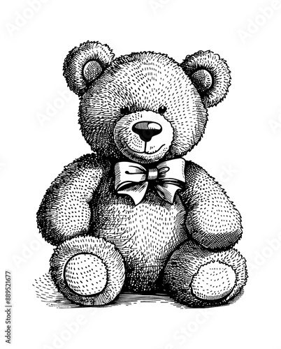 teddy bear doll engraving black and white outline