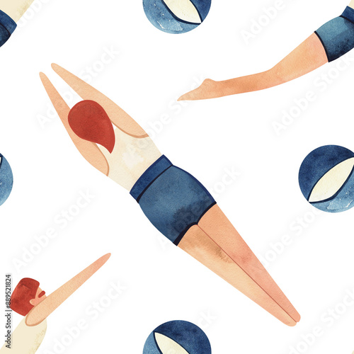 An athlete - a man in a white T-shirt and blue swimming trunks swims surrounded by inflatable striped beach balls. Vintage style. Seamless watercolor pattern, hand drawn. White background. photo