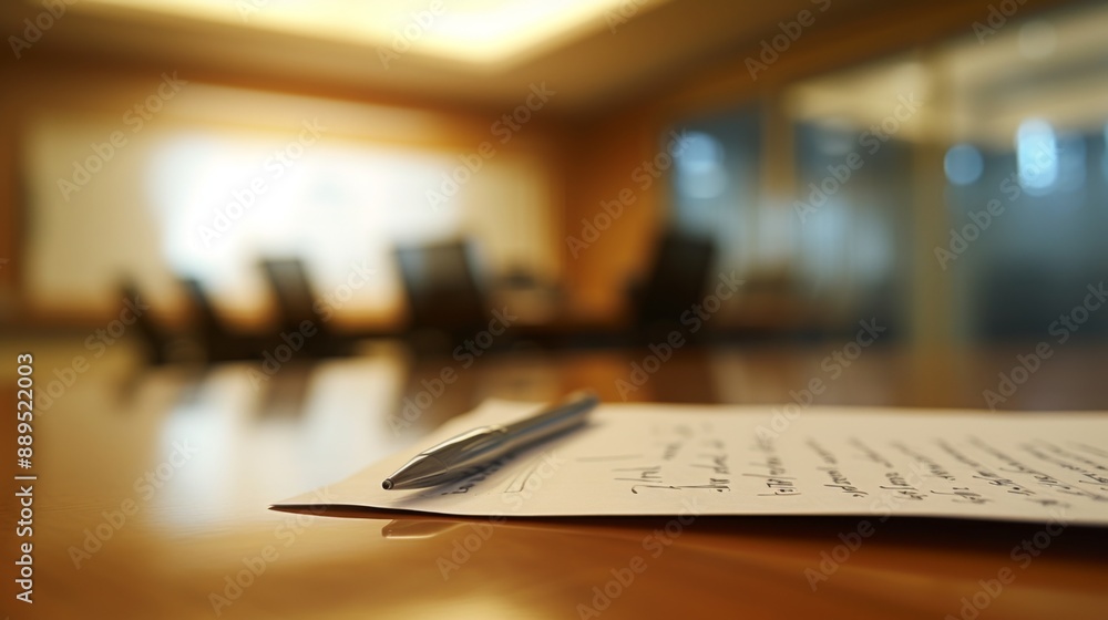 Paper and pen placed on a conference table in a meeting room Paper and pen placed on a conference table in a meeting room