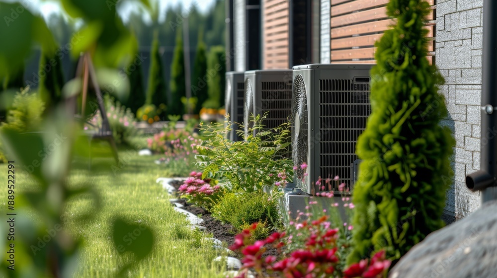 Air conditioning units installed in the garden of a residential property Air conditioning units installed in the garden of a residential property