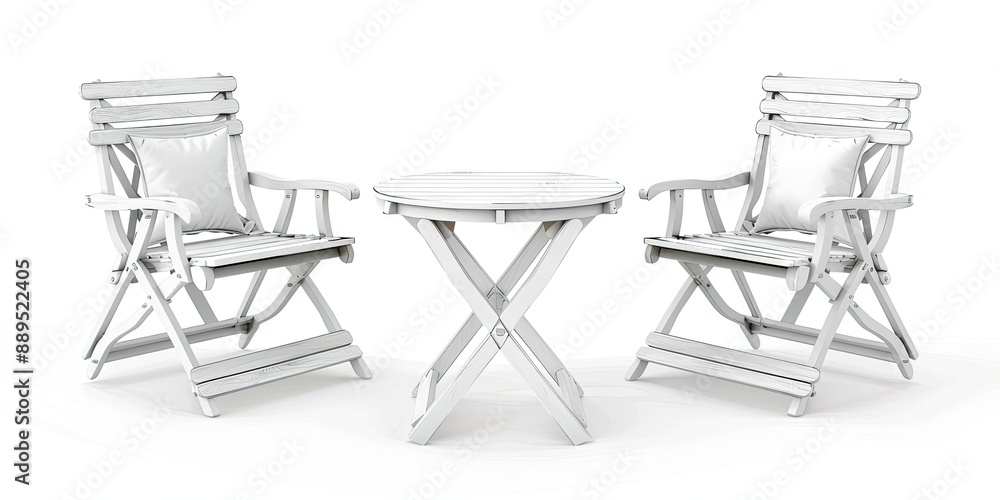 set of elegant white wooden folding beach furniture isolated on white background set of elegant white wooden folding beach furniture isolated on white background