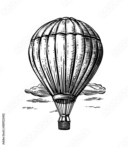 hot air balloon engraving black and white outline