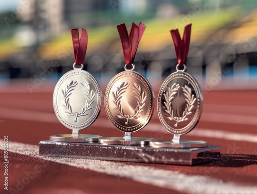 Gold, Silver, and Bronze Medals on a Running Track photo