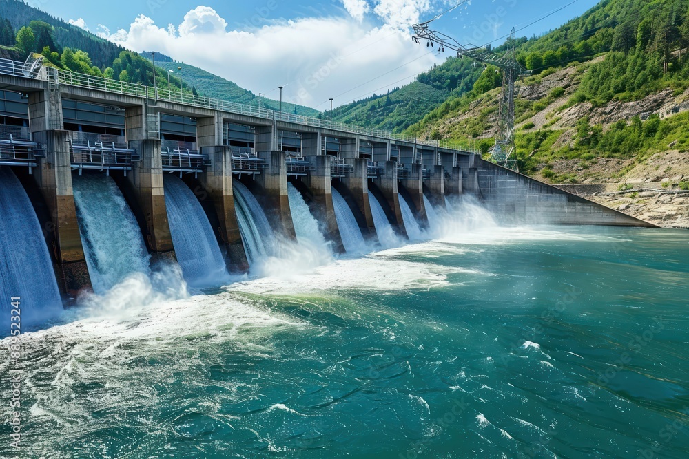 Scenic View of a Hydroelectric Dam with Cascading Water, Demonstrating the Strength of Renewable Energy Scenic View of a Hydroelectric Dam with Cascading Water, Demonstrating the Strength of Renewable Energy